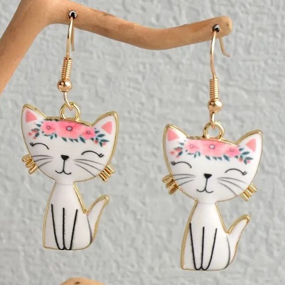 Cat Earrings Enamel Dangle Kitty Pink Flowers Drop Stylish Cute Unique Trendy - Picture 1 of 3